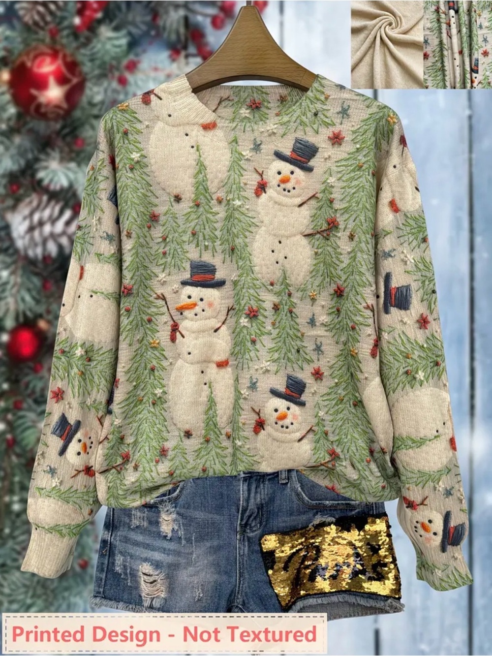 NWT Cream Snowman & Green Pine Crewneck Sweater, Holiday Sweaters, Size XL